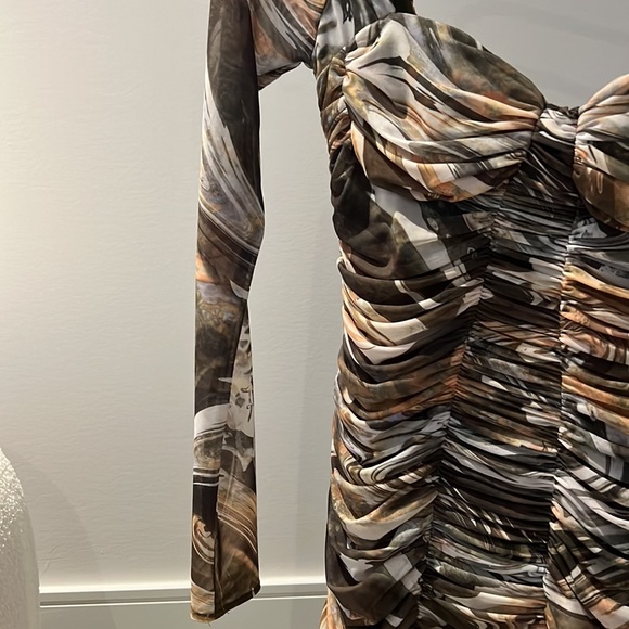 Ruched Green Pattern Mini Dress - Picture 2 of 3